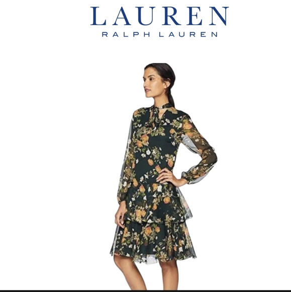Lauren Ralph Lauren Dresses & Skirts - Lauren Ralph Lauren Womens Raisa Chiffon Floral Print Casual Dress Green Size:12